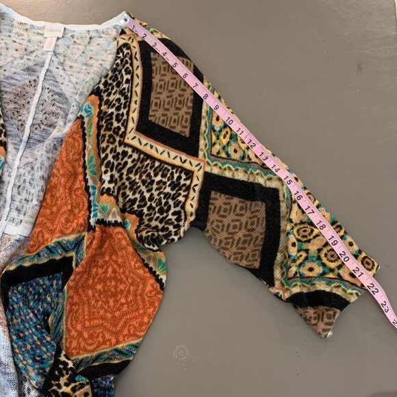 Chicos Womens 2 Large 3/4 Sleeve Cardigan Sweater Open Peacock Print Boho Rayon - Picture 14 of 15